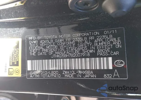 2011 Lexus Ct 200H Premium from USA, damaged, VIN JTHKD5BH7B2007918
